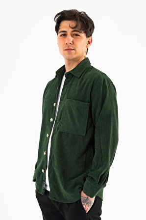 Erkek Kadife Gömlek Haki Rahat Kesim Uzun Kollu Tek cepli