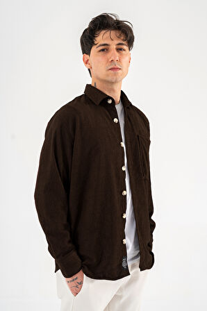 Erkek Kadife Gömlek Kahverengi Rahat Kesim Uzun Kollu Tek cepli