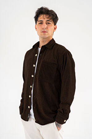 Erkek Kadife Gömlek Kahverengi Rahat Kesim Uzun Kollu Tek cepli