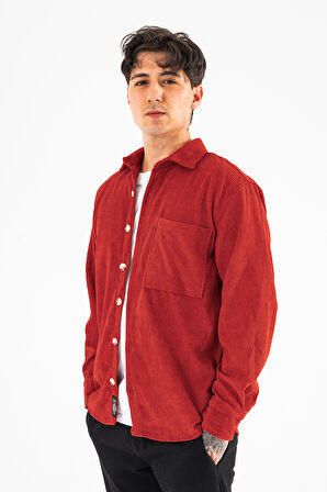 Erkek Kadife Gömlek Kiremit Rahat Kesim Uzun Kollu Tek cepli