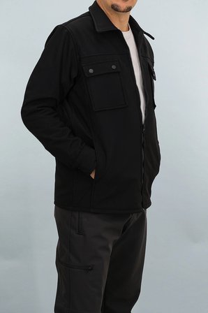 Erkek Siyah Softshell Ceket Dar Kalıp Fermuarlı Cep Detaylı Mevsimlik