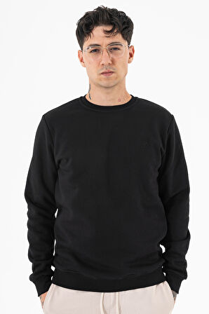 Erkek Siyah Sweatshirt Bisiklet Yaka Rahat Kalıp 3 iplik Şardonlu