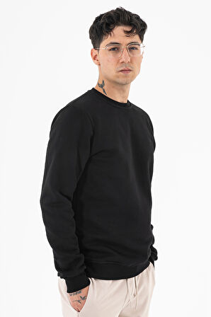Erkek Siyah Sweatshirt Bisiklet Yaka Rahat Kalıp 3 iplik Şardonlu
