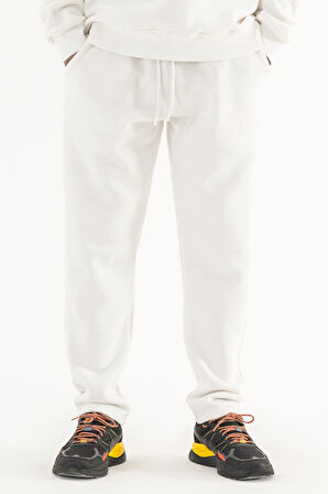 Erkek Beyaz Eşofman Altı Rahat Kalıp 3 iplik Şardonlu Düz Paça