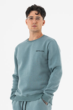 Erkek Açık Mavi Sweatshirt Bisiklet Yaka Rahat Kalıp 3 iplik Şardonlu Nakışlı