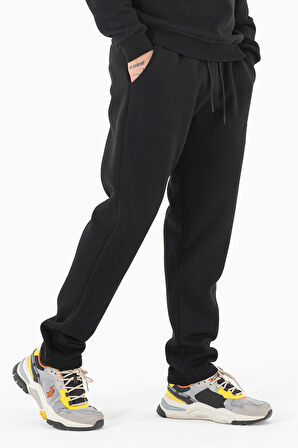 Erkek Siyah Eşofman Altı Rahat Kalıp 3 iplik Şardonlu Düz Paça