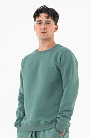 Erkek Mint Sweatshirt Bisiklet Yaka Rahat Kalıp 3 iplik Şardonlu Nakışlı