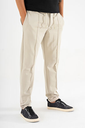 Erkek Krem Çımalı Rahat Spor Pantolon Duble Paça Jogger Eşofman Altı