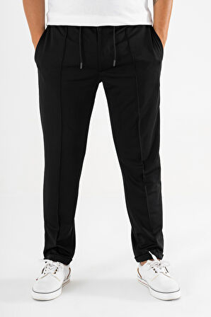 Erkek Siyah Çımalı Rahat Spor Pantolon Duble Paça Jogger Eşofman Altı
