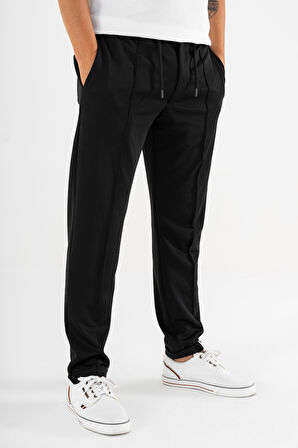 Erkek Siyah Çımalı Rahat Spor Pantolon Duble Paça Jogger Eşofman Altı