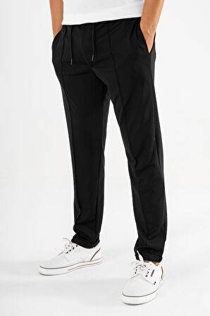 Erkek Siyah Çımalı Rahat Spor Pantolon Duble Paça Jogger Eşofman Altı