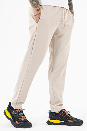 Erkek Krem Rahat Kesim Likralı Spor Pantolon İpli Bel Düz Paça