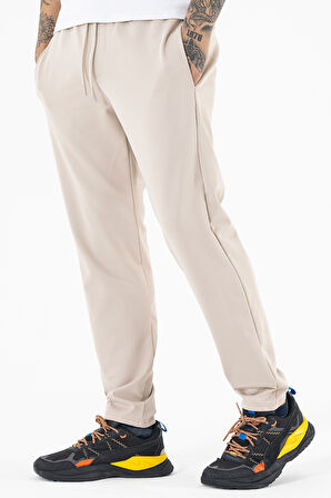 Erkek Krem Rahat Kesim Likralı Spor Pantolon İpli Bel Düz Paça