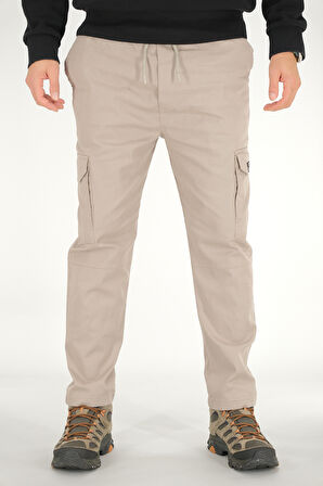 Erkek Taş Rengi Kargo Pantolon Rahat Kesim Pamuklu Lastikli Bel