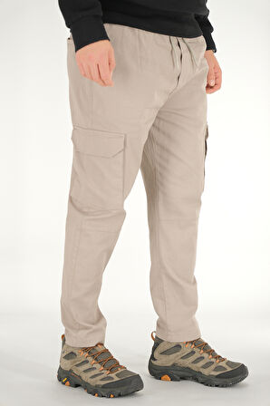 Erkek Taş Rengi Kargo Pantolon Rahat Kesim Pamuklu Lastikli Bel