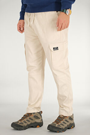 Erkek Bej Kargo Pantolon Rahat Kesim Pamuklu Lastikli Bel