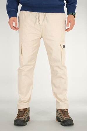 Erkek Bej Kargo Pantolon Rahat Kesim Pamuklu Lastikli Bel