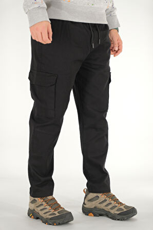 Erkek Siyah Kargo Pantolon Rahat Kesim Pamuklu Lastikli Bel