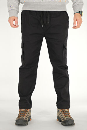 Erkek Siyah Kargo Pantolon Rahat Kesim Pamuklu Lastikli Bel