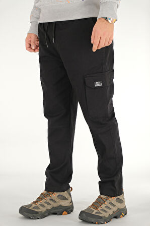 Erkek Siyah Kargo Pantolon Rahat Kesim Pamuklu Lastikli Bel