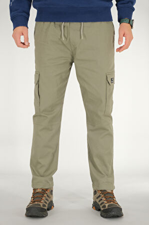 Erkek Açık Haki Kargo Pantolon Rahat Kesim Pamuklu Lastikli Bel