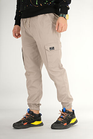 Erkek Taş Rengi Kargo Pantolon Rahat Kesim Pamuklu Lastikli Paça