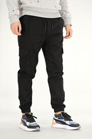 Erkek Siyah Kargo Pantolon Rahat Kesim Pamuklu Lastikli Paça