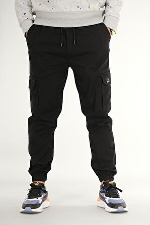 Erkek Siyah Kargo Pantolon Rahat Kesim Pamuklu Lastikli Paça