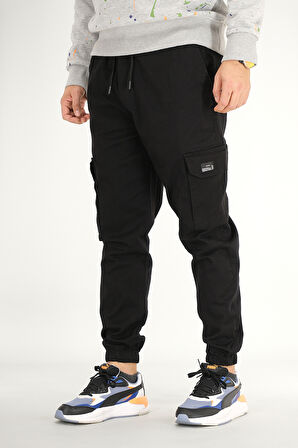 Erkek Siyah Kargo Pantolon Rahat Kesim Pamuklu Lastikli Paça