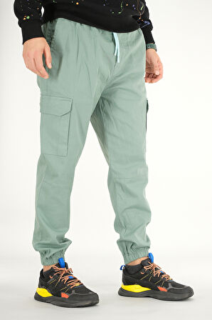 Erkek Mint Kargo Pantolon Rahat Kesim Pamuklu Lastikli Paça