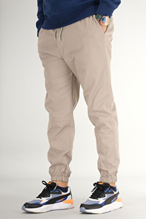 Erkek Taş Rengi Jogger Pantolon Rahat Kesim Pamuklu Lastikli Paça İpli