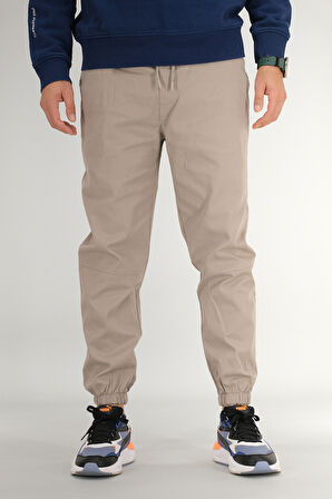 Erkek Taş Rengi Jogger Pantolon Rahat Kesim Pamuklu Lastikli Paça İpli