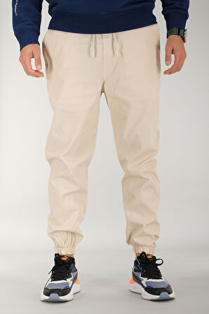 Erkek Bej Jogger Pantolon Rahat Kesim Pamuklu Lastikli Paça İpli