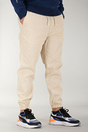 Erkek Bej Jogger Pantolon Rahat Kesim Pamuklu Lastikli Paça İpli