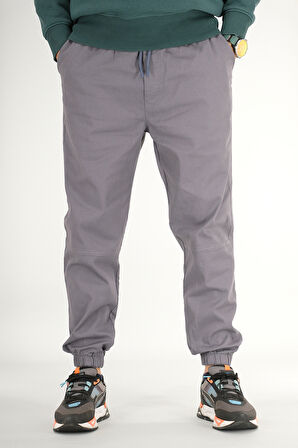 Erkek Füme Jogger Pantolon Rahat Kesim Pamuklu Lastikli Paça İpli