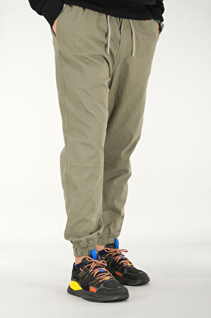 Erkek Açık Haki Jogger Pantolon Rahat Kesim Pamuklu Lastikli Paça İpli