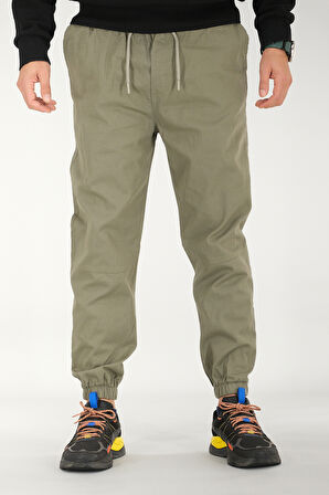 Erkek Açık Haki Jogger Pantolon Rahat Kesim Pamuklu Lastikli Paça İpli