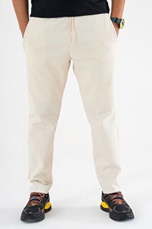 Erkek Krem Jogger Pantolon Bağcıklı Lastikli Bel Rahat Kesim Eşofman Altı