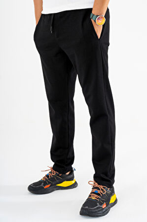 Erkek Siyah Jogger Pantolon Bağcıklı Lastikli Bel Rahat Kesim Eşofman Altı