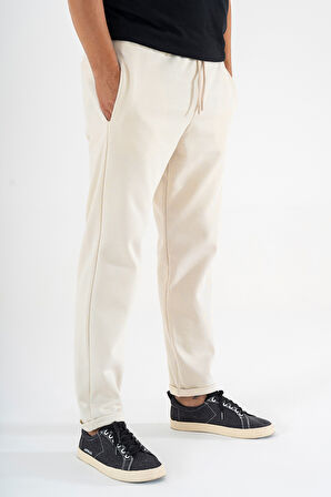 Erkek Krem Jogger Eşofman Altı Duble Paça Spor Rahat Pantolon