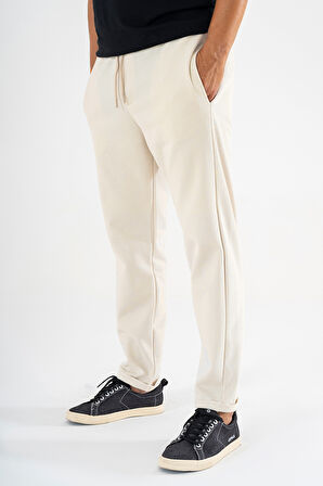 Erkek Krem Jogger Eşofman Altı Duble Paça Spor Rahat Pantolon