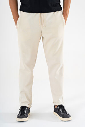 Erkek Krem Jogger Eşofman Altı Duble Paça Spor Rahat Pantolon