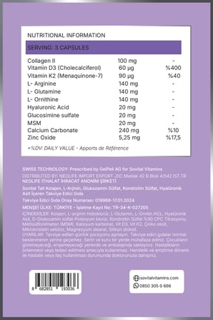 Tall L-arjinin, Glukozamin Sülfat, Kondroitin Sülfat, Hyalüronik Asit İçeren 90 Kapsül