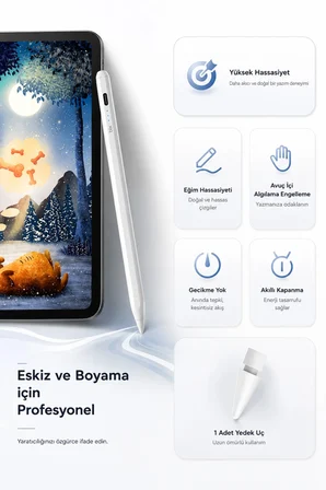 iPad Tablet Kalemi Manyetik Stylus Pen Eğim Sensörlü Avuç İçi Engelleme USB-C Şarjlı 1 Yedek Uç