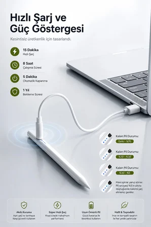 iPad Tablet Kalemi Manyetik Stylus Pen Eğim Sensörlü Avuç İçi Engelleme USB-C Şarjlı 1 Yedek Uç