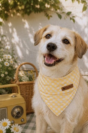 Kedi-Köpek Fuları, Hafif Kumaş, El Yapımı, Tüm Irklar İçin İdeal, Sarı Pötikareli Kedi/Köpek Fuları