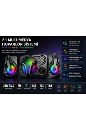 SP60 Speaker 2.1 Kanal Oyuncu Hoparlörü Rgb Led Işıklı Hafıza Kartı ve Usb Girişli Bluetooth lu Bilgisayar Hoparlörü 3,5MM Jack Girişli 2+1 Gaming Speaker