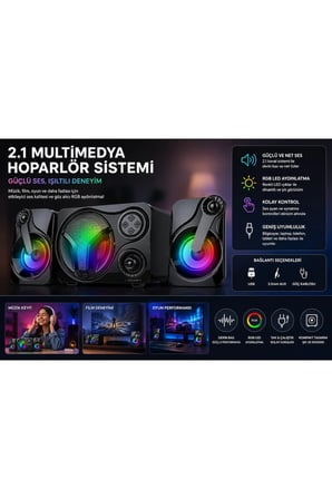 SP60 Speaker 2.1 Kanal Oyuncu Hoparlörü Rgb Led Işıklı Hafıza Kartı ve Usb Girişli Bluetooth lu Bilgisayar Hoparlörü 3,5MM Jack Girişli 2+1 Gaming Speaker
