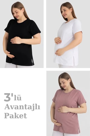 Premium Pamuklu Kısa Kollu Hamile Tişört 3'lü Paket Renkli Set Dökümlü Giysi Anne Adayı