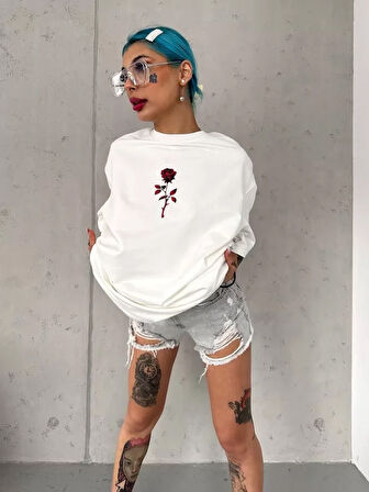 SUPPLİERBY Unisex Bisiklet Yaka Baskılı Oversize T-Shirt - Beyaz